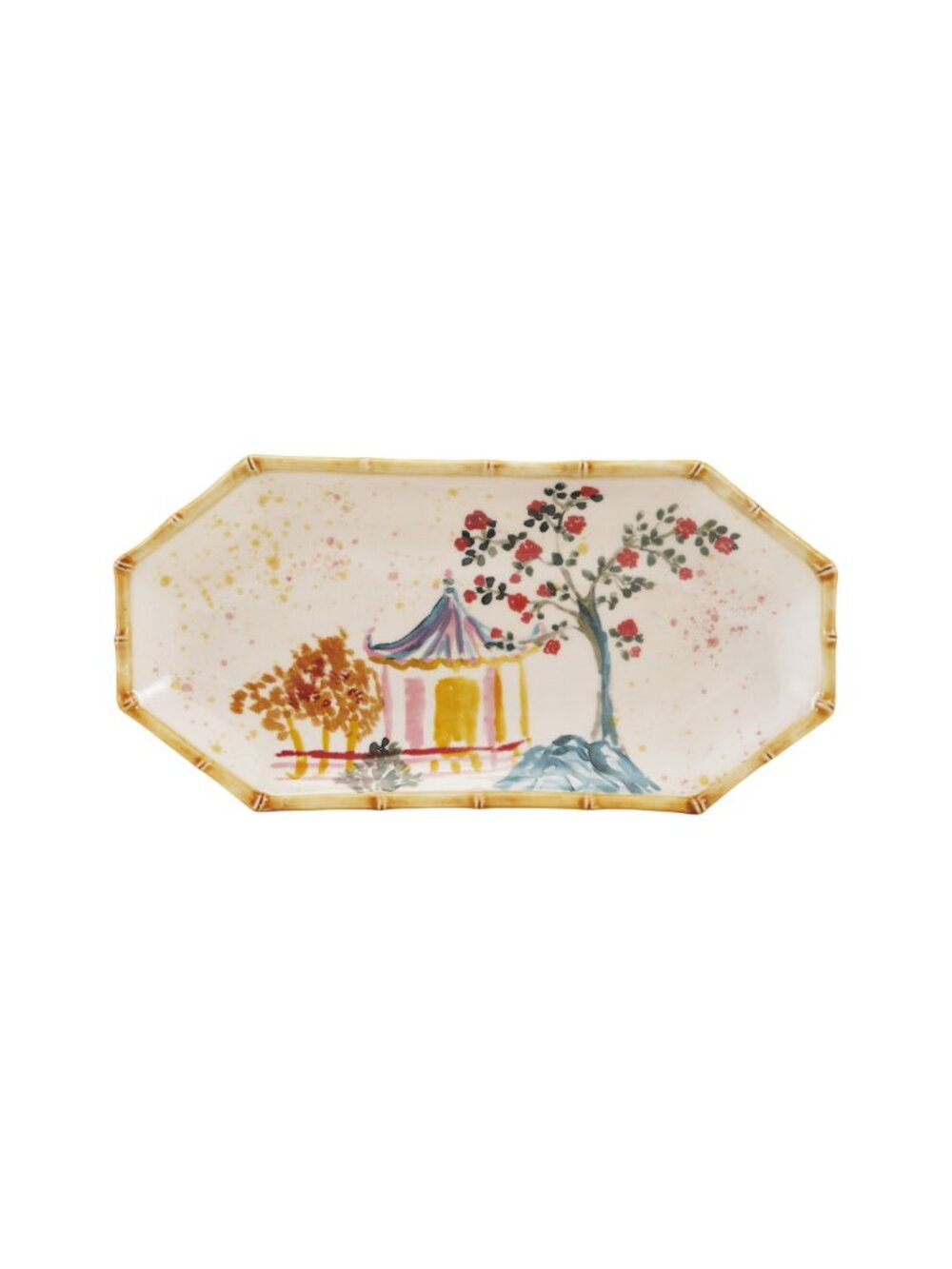 Hand-Painted Stoneware Octagon Shaped Plate with House, Tree & Bamboo Style Edge